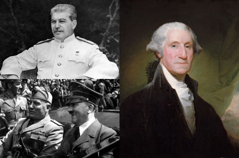 Stalin, Mussolini, Hitler and George Washington. Three Leftists and one Rightist.