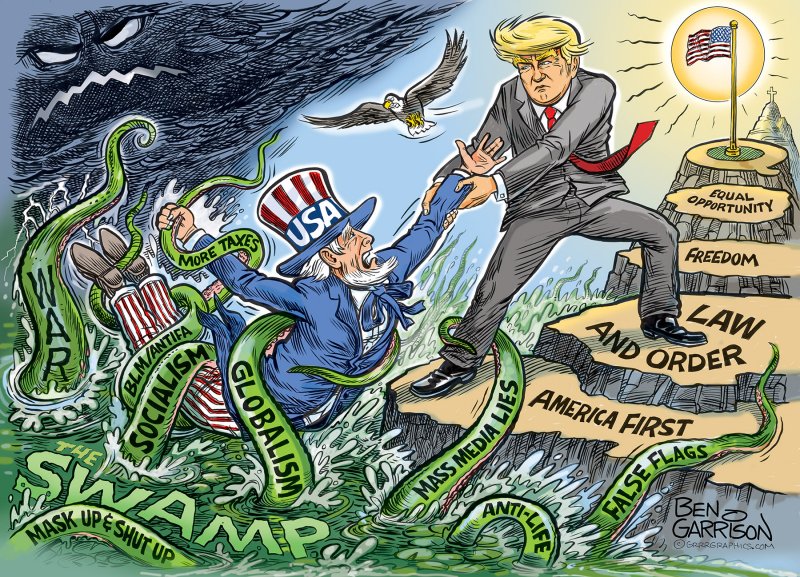 Right-wing, President Trump, fighting the Leftist, Deep State Swamp. Cartoon: © Garrison