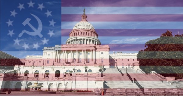 Leftist Corruption: Washington, DC capitol building with Communist American flag